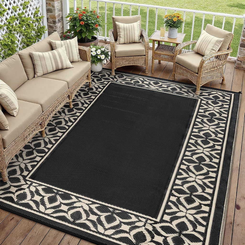 Outdoor Rug Black Beige Geometric