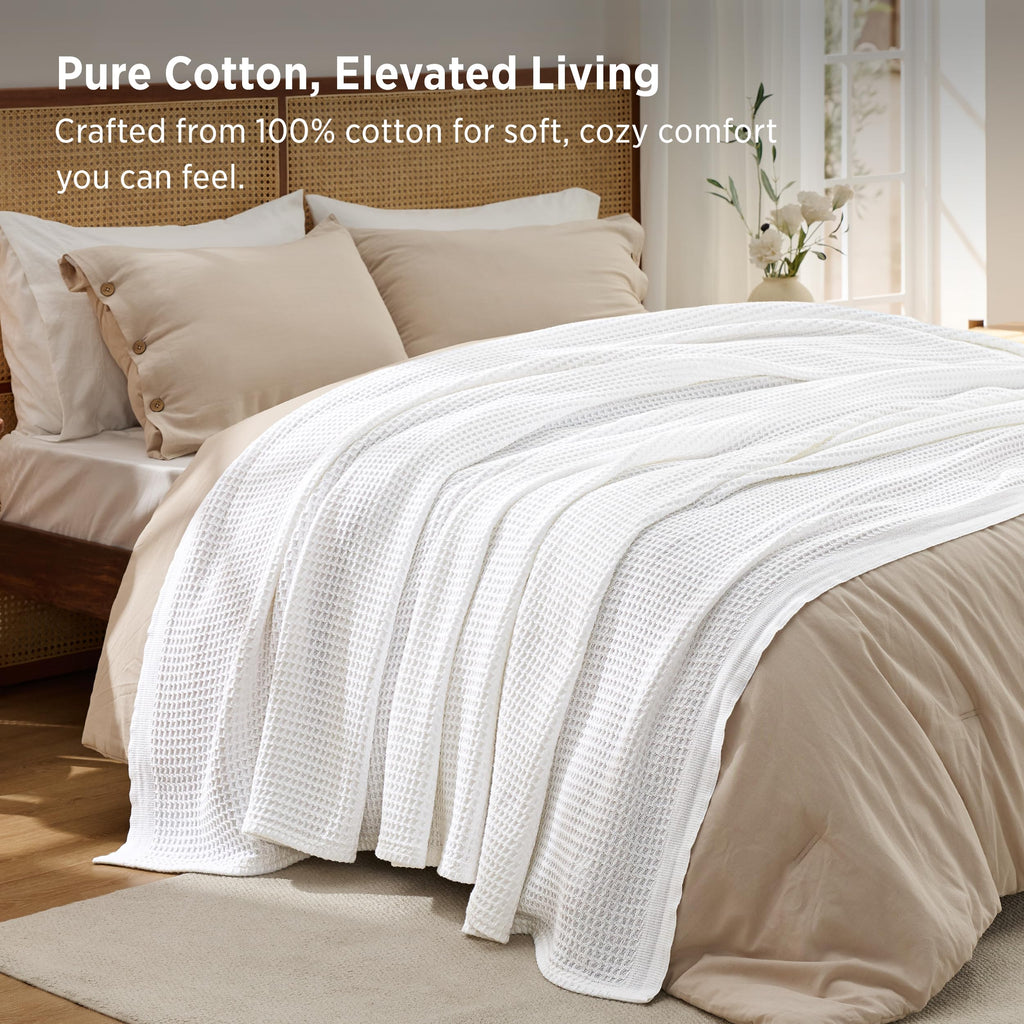 100% Cotton Blanket, Waffle Weave, White, 90"x90"