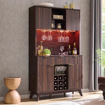 72" Tall Coffee Bar Cabinet, Fluted Wooden Wine Cabinet, Dark Walnut | Power Outlets, Led Lights, 4 Stemware Racks, 9