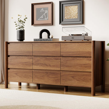 Walnut Dresser, 63"Wide 9 Drawer Mid Century Modern Chest