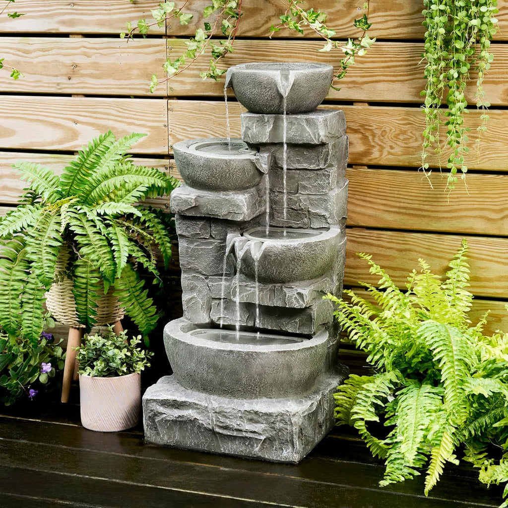 33.25 in. Cascading Bowls and Stacked Stones LED Outdoor Water Fountain for Gardens, Landscaping, Patios, Balconies