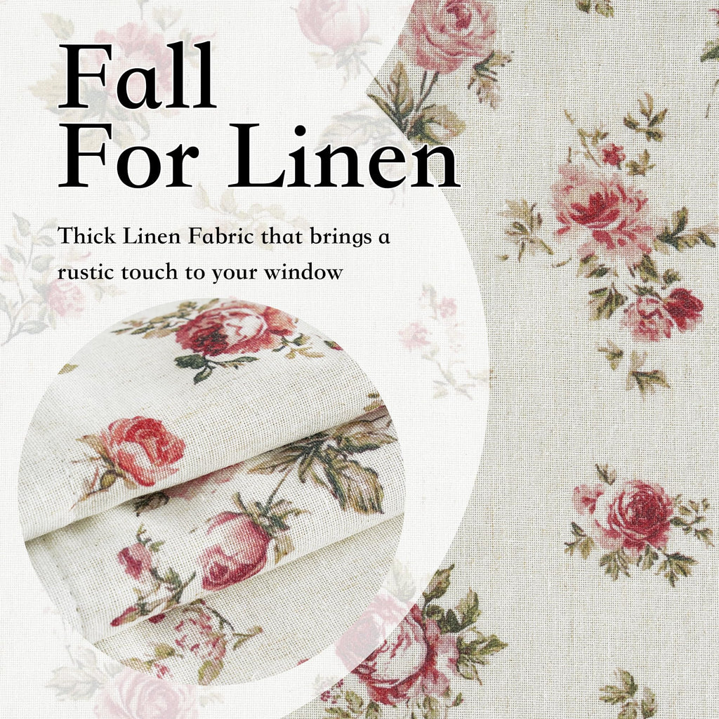 Vintage Pink Rose Floral Valance for Windows, Double-Layer Linen Valance with Shabby Chic Floral Pattern, Decorative