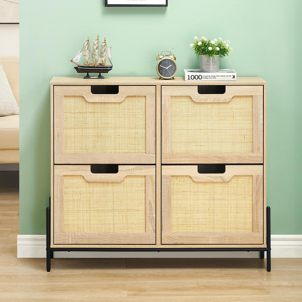 Rattan Shoe Storage Cabinet with 4 Flip Drawers, Freestanding Shoe Organizer with Adjustable Shelves, Narrow Shoe