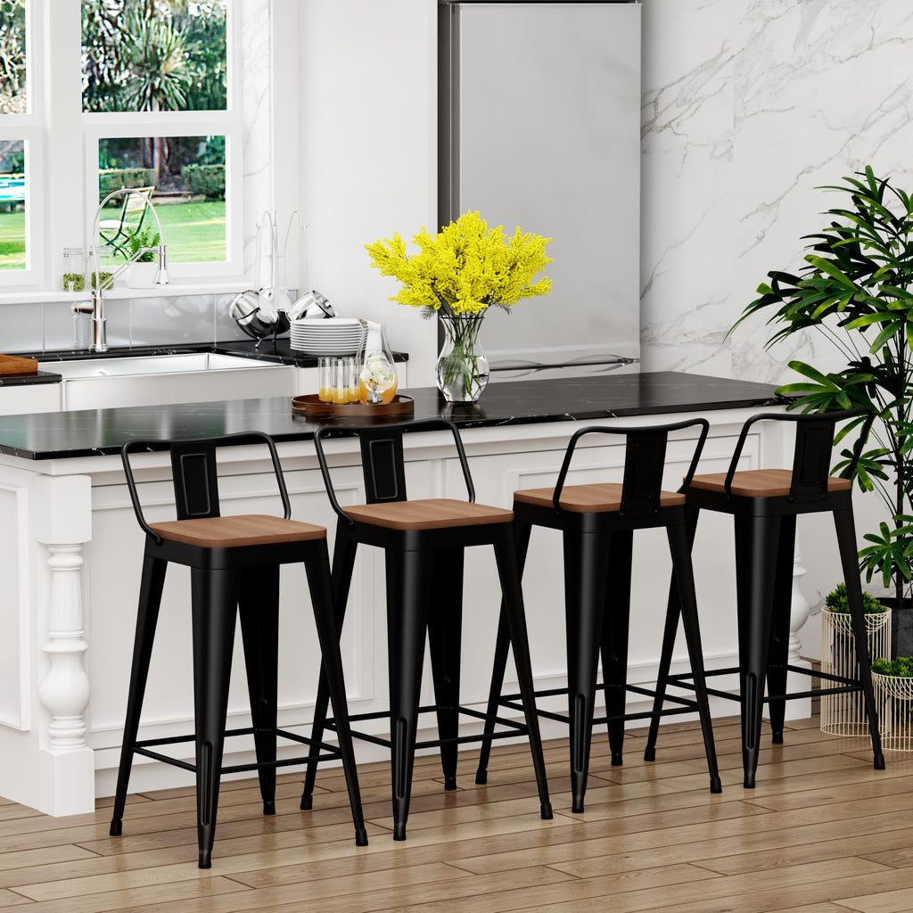 Metal Bar Stools Set of 4, 30" Black Bar Height Stools with Back