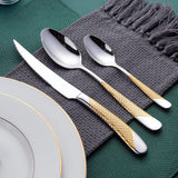 Hammered Silver Gold Silverware Set, 24-Piece 18/10 Stainless Steel Flatware Set, Service of 6
