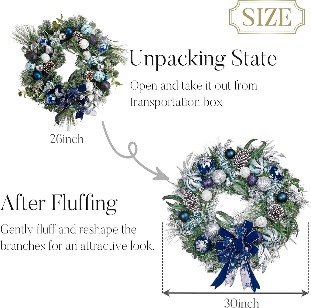 30" Large Christmas Wreath for Front Door with Lights Ribbon