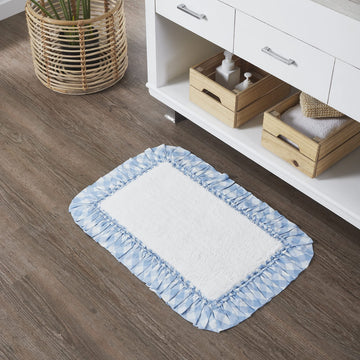 Annie Buffalo Check Bath Mat Farmhouse Ruffled Country Checkered Gingham Bathroom Decor, Blue, 20x30