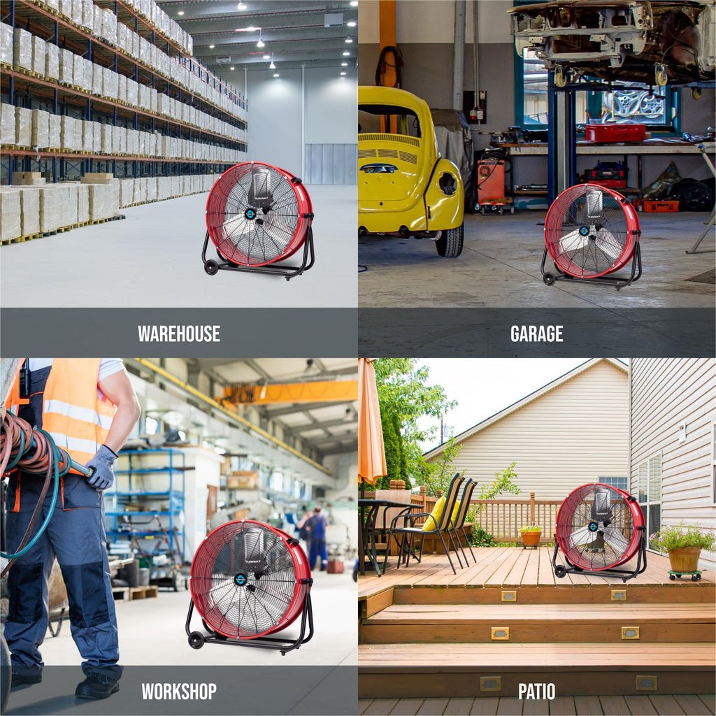 24 Inch High Velocity Heavy Duty Tilt Metal Drum Fan Wide Version Red Commercial, Industrial Use 3 Speed 8800 CFM - 8