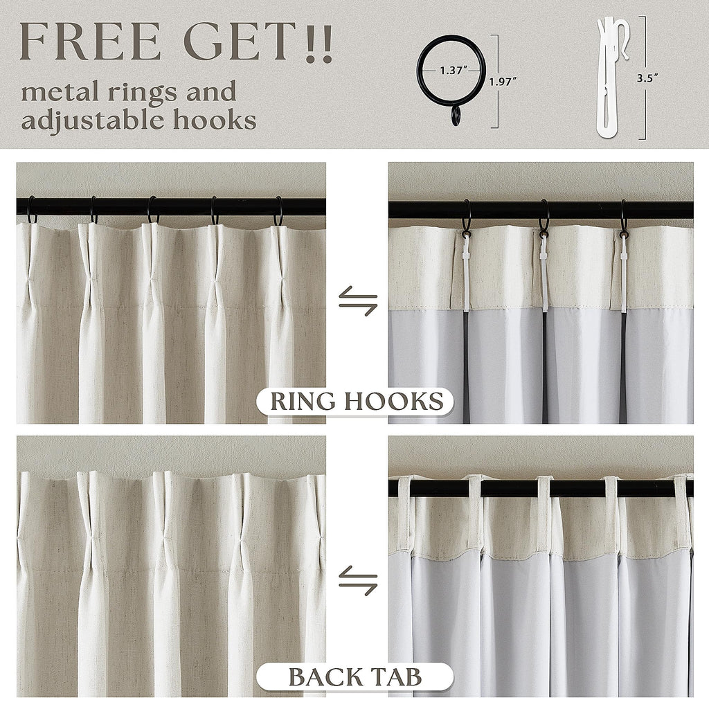 Natural Linen 100% Blackout Pinch Pleated Curtains 108 Inches Long 2 Panels