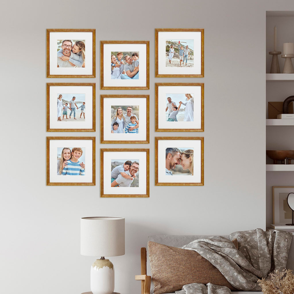 9 Piece Gallery Wall Frame Set, 12x12 Inch, Beaded Antique Bronze