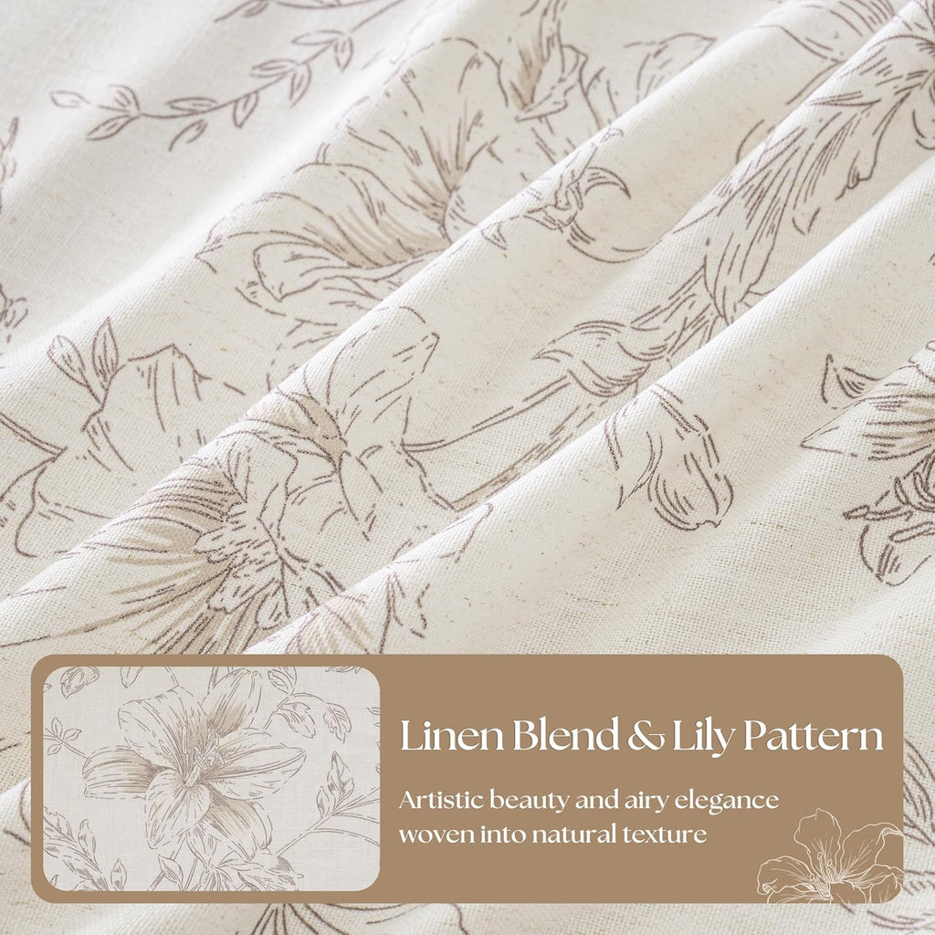 Light Brown Floral Linen Pleated Curtains 84 Inch Long for Bedroom Light Filtering Farmhouse Vintage Peony Lily