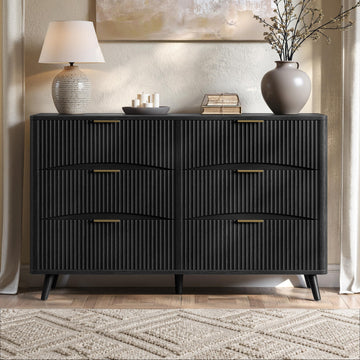 54 Inch Black 6 Drawer Dresser, Curved Fluted Chest of Drawers