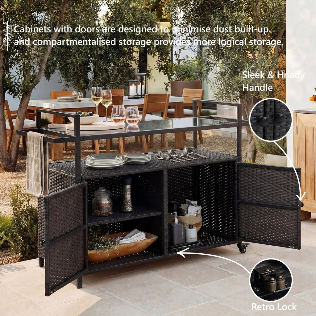 51.2" Wicker Outdoor Bar Cart - Brown Patio Console Storage Table Buffet Cabinet Serving Kitchen Cart with Wheels for