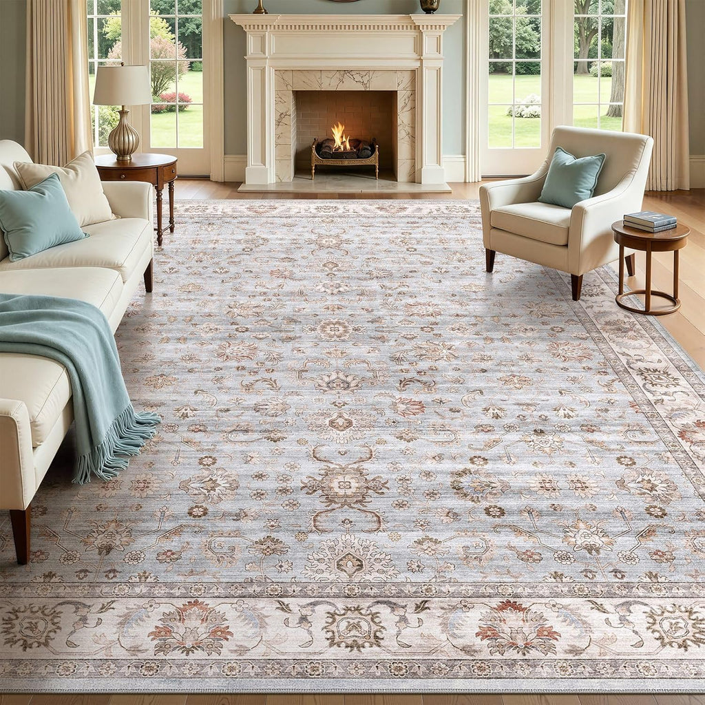 10x14 Area Rugs for Living Room: Machine Washable Non Slip Vintage Carpet - Low Pile Lightweight Pri