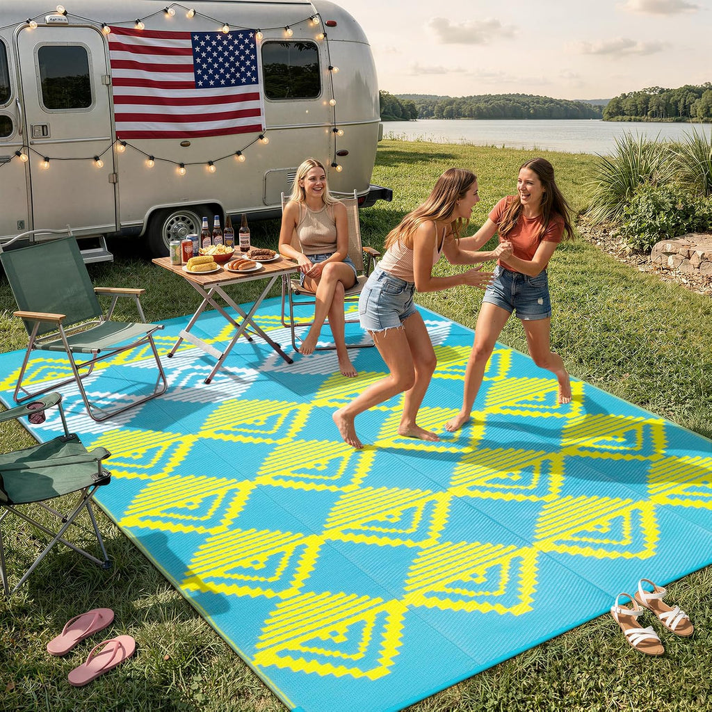Outdoor Rug Waterproof, Reversible Outdoor Patio Rug for Backyard, Deck, Blue Yellow
