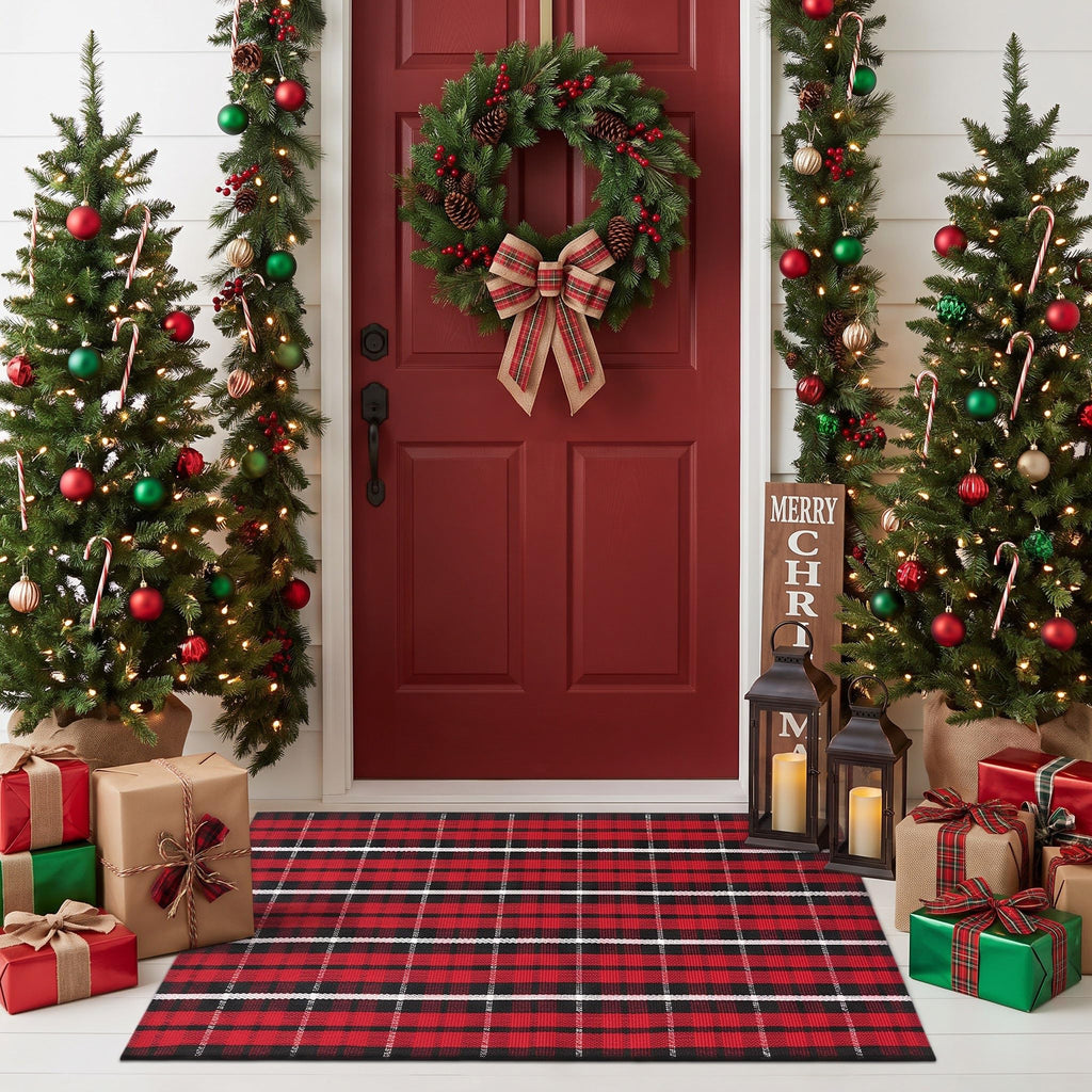 Cotton Buffalo Plaid Rug, 27.5x43 Christmas Red Black White Outdoor Rug Front Door Decorative Mat, Washable Doormat