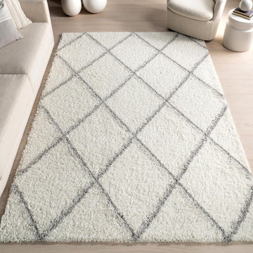 Tess Moroccan Shag Area Rug - 8x10 Shag Area Rug Modern/Contemporary White/Grey Rugs Bedroom Dining Room Nursery