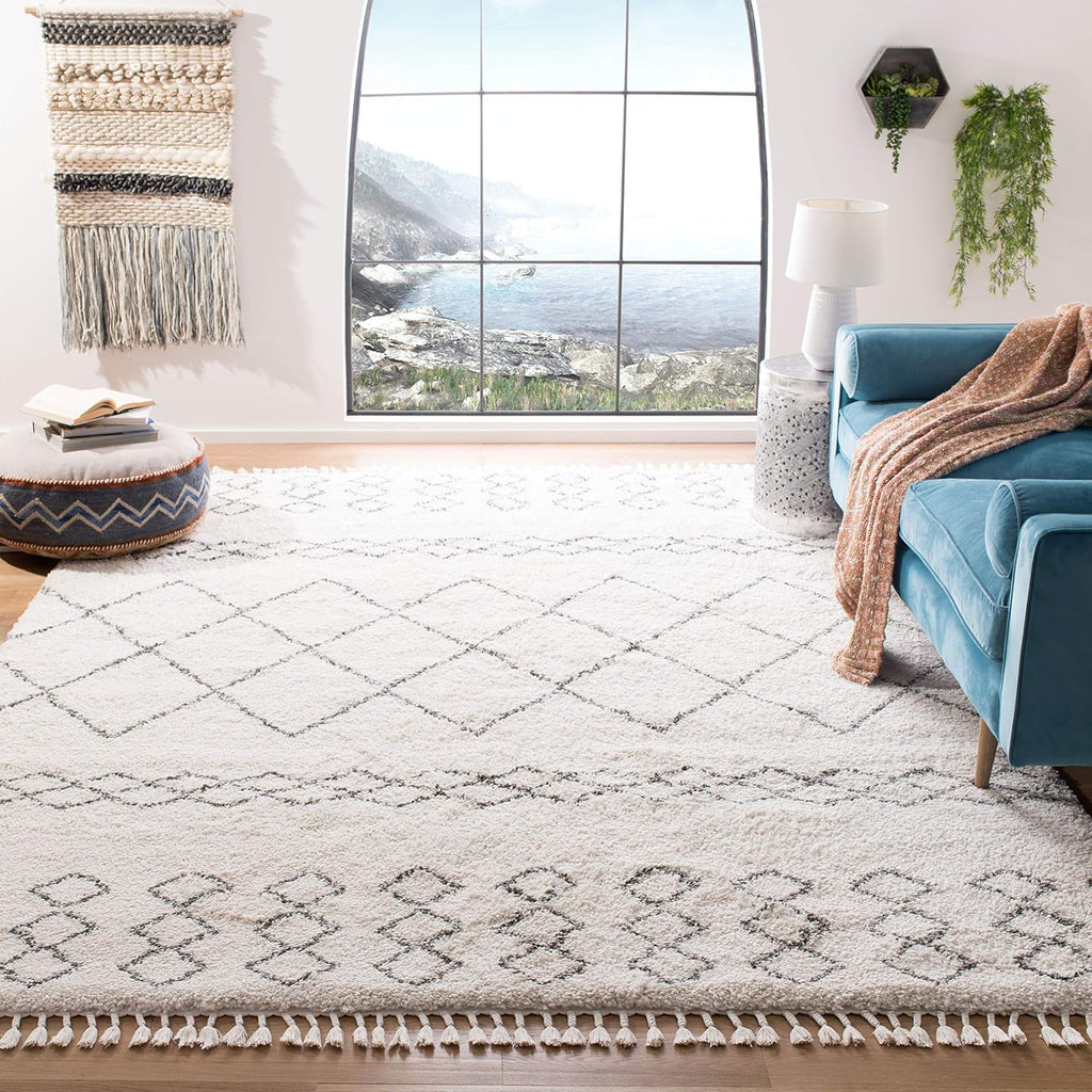 Area Rug - Moroccan Fringe Shag Collection - Large - Ivory & Grey, Boho Design, Non-Shedding & Easy Cleaning
