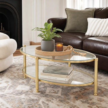 2-Tier Oval Glass Coffee Table, Gold Frame, Tempered Top Living Room