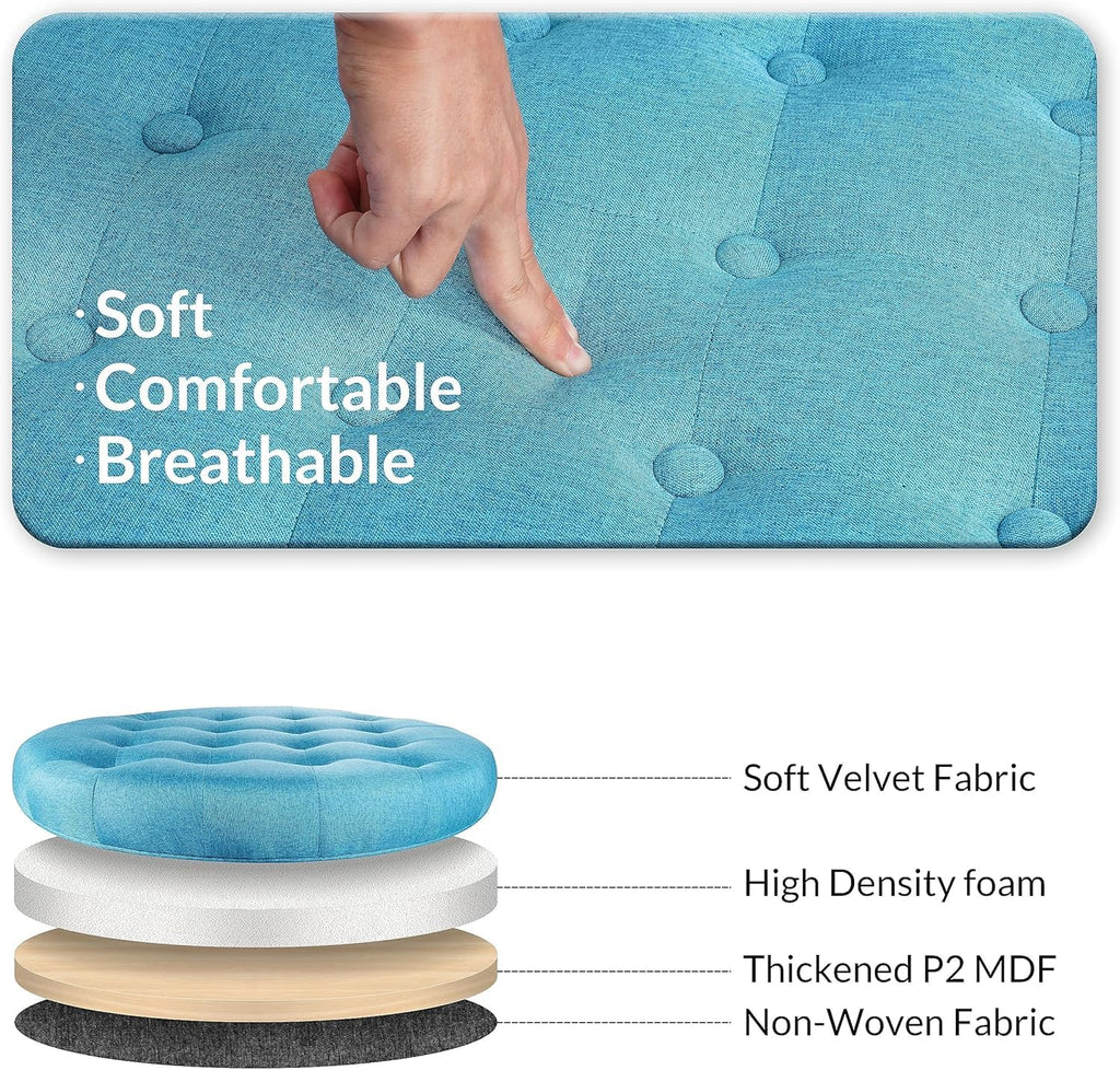 Large Button Tufted Accent Round Storage Ottoman Upholstered Ottoman with Storage, 24.4" x 24.4" x 16.9", Blue