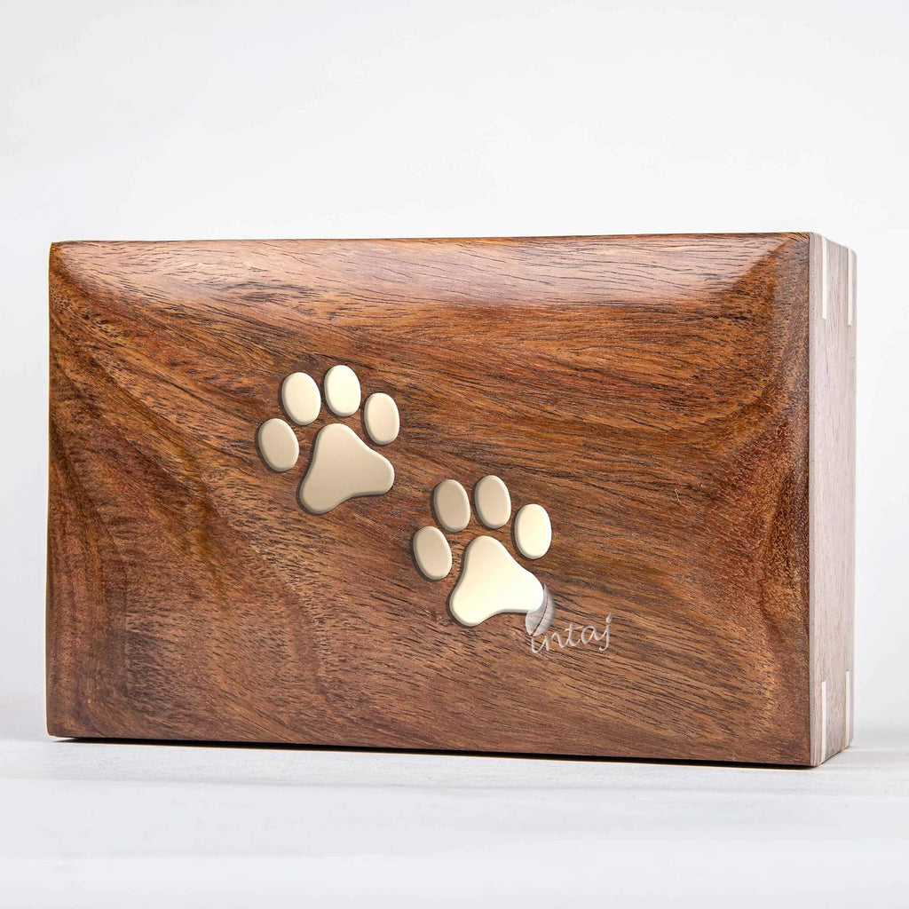 Wood Pet Urn for Dog Ashes, Extra Small 10 Cu in to 10 lb, Two Paws