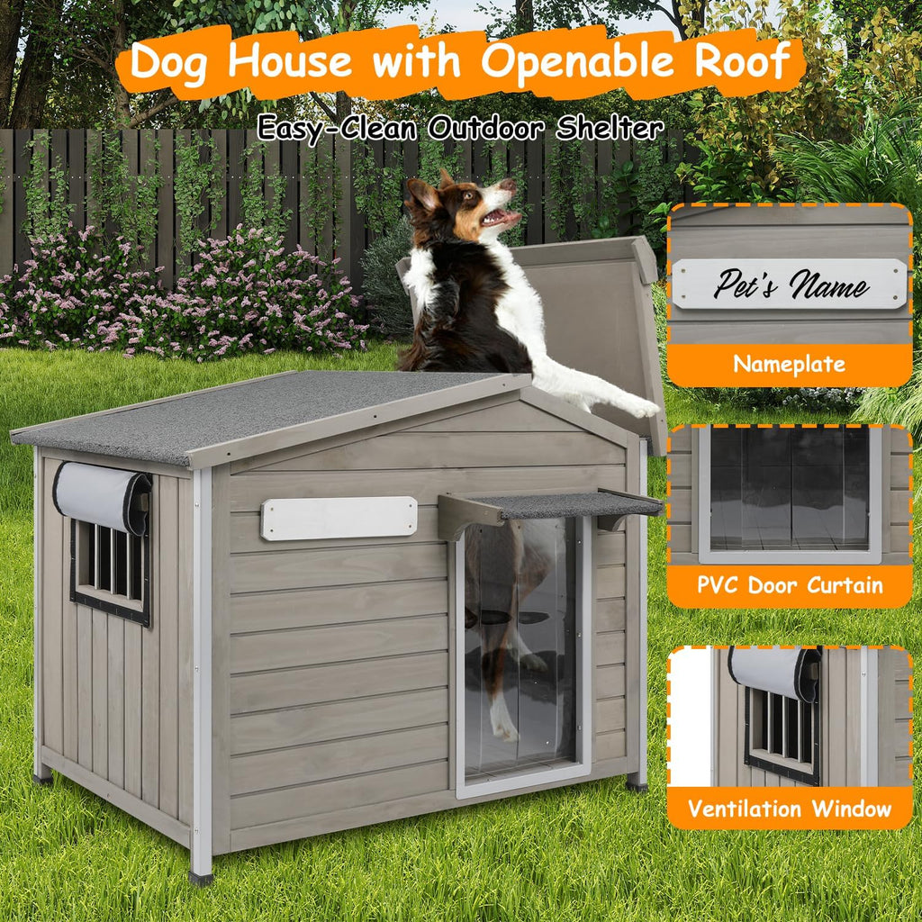 Large Outdoor Dog House for Small Medium Dogs, Weatherproof Wooden Kennel