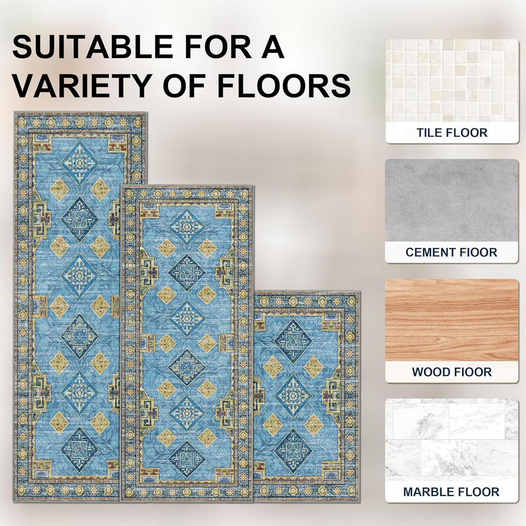 Kitchen Rugs Sets of 3 Non Slip Washable Kitchen Mats for Floor, Light Blue