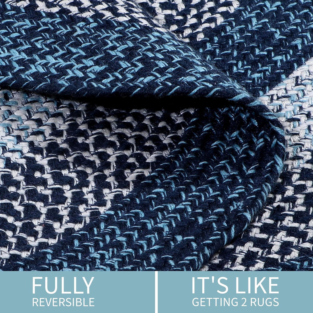 Rustic Aqua Blue/White/Black Oval Braided Rug /Foyer, Washable Outdoor Rug /Porch 3' x 5' Oval