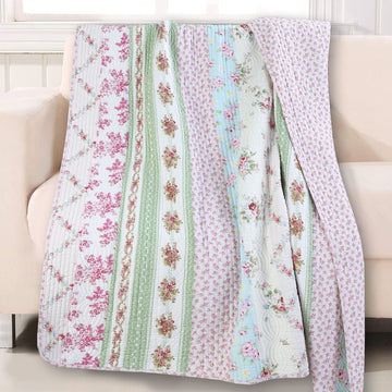 Floral Striped Floral Print Pattern Reversible 100% Cotton Quilted Throw Blanket 60" x 50" Machine Washable and