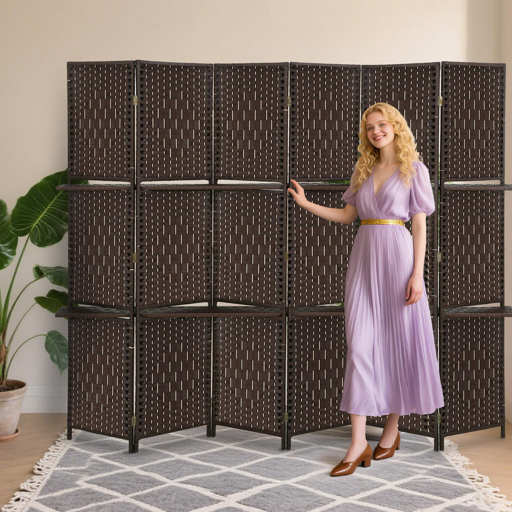 6 Panel Folding Room Divider with Shelves | 5.9ft, Dark Brown