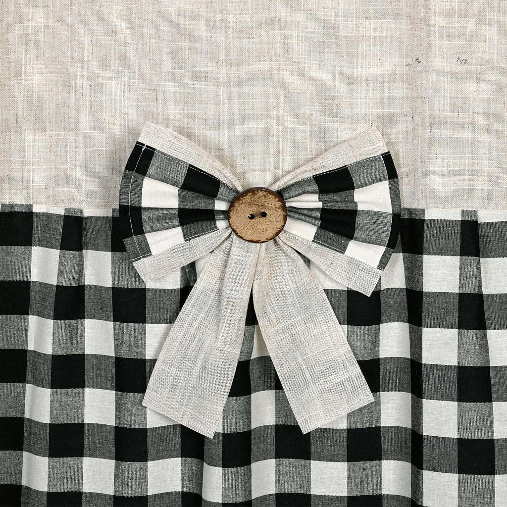 Ides Farmhouse Black with Bowknot, Linen and Cotton Blend Fabric, Pleated Black and Beige Plaid, Country Style, 72x72
