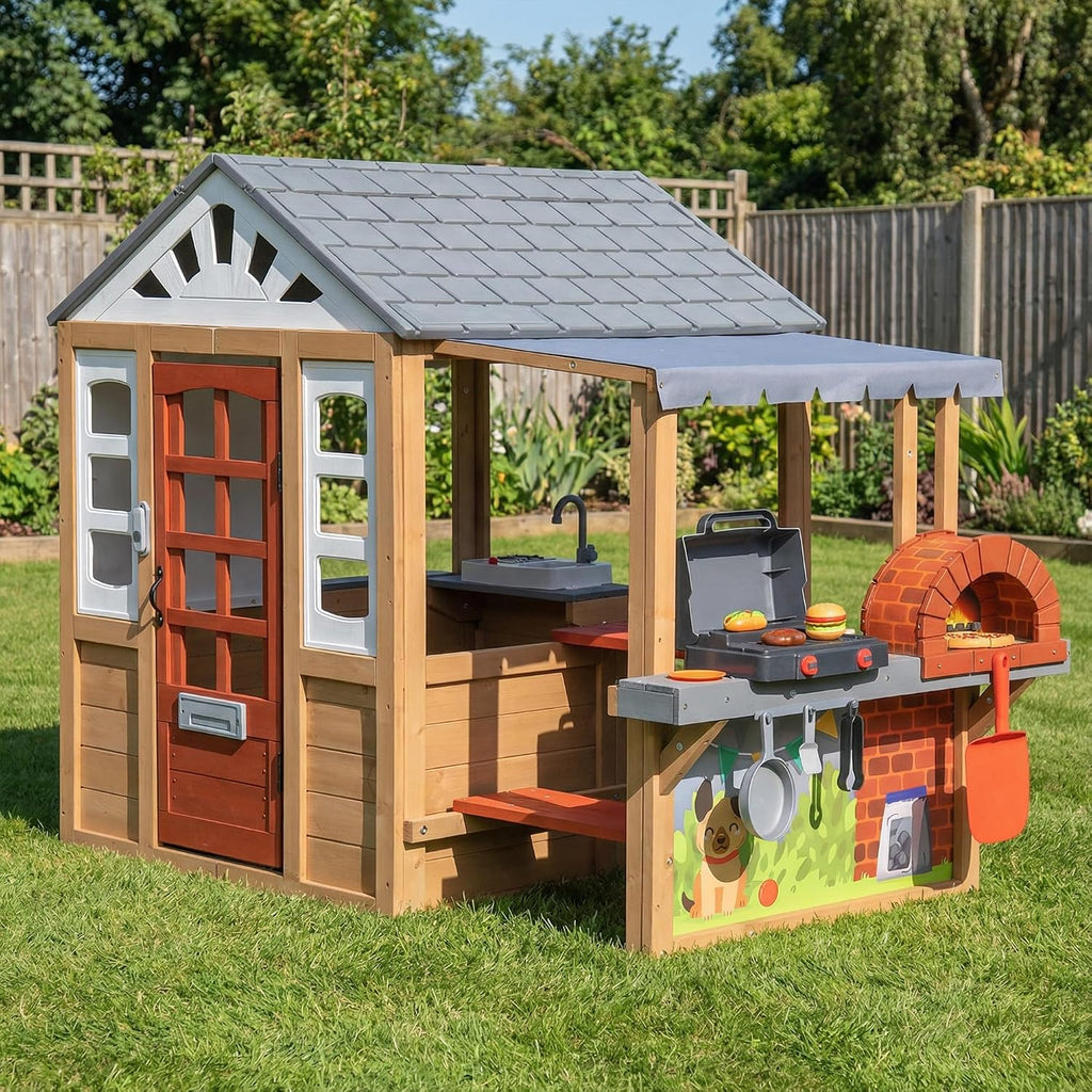 Kids Outdoor Wooden Playhouse, Cedar Wooden Play House for Ages 3-8 Kids with BBQ Grill, Kitchen Set, Picnic Table