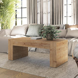 Modern Rustic Wood Coffee Table with Thick Legs, Rectangular Living Room Center Table, Natural Finish Design