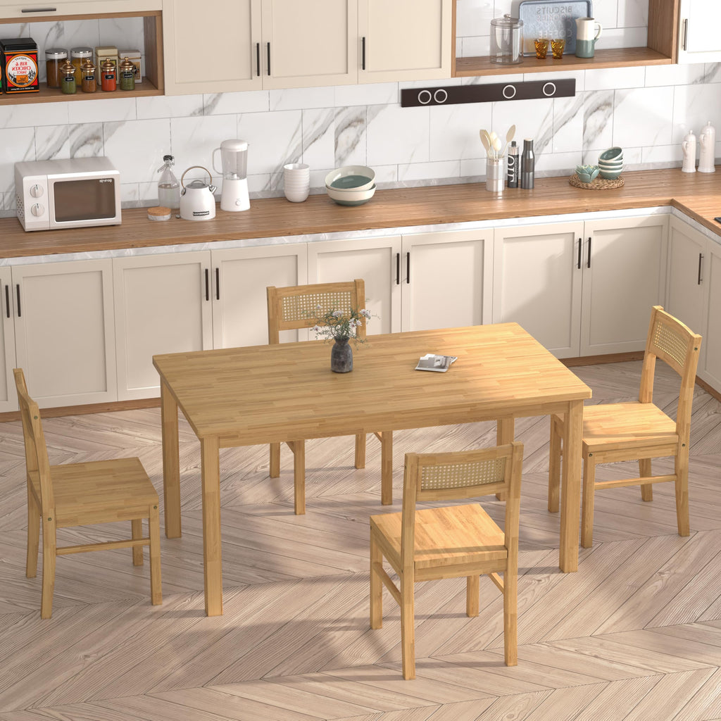 Solid Wood Dining Table Set for 4, 43.3" Dining Table with Chairs Set, Kitchen Dining Table Set with Woven Rattan