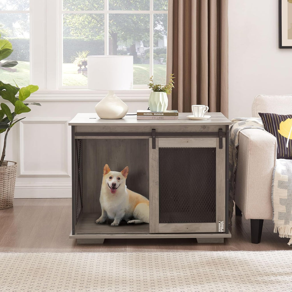 37''L Farmhouse Dog Cage Crate Furniture with Sliding Barn Door, Wooden Dog Kennel End Table with Flip-top Plate