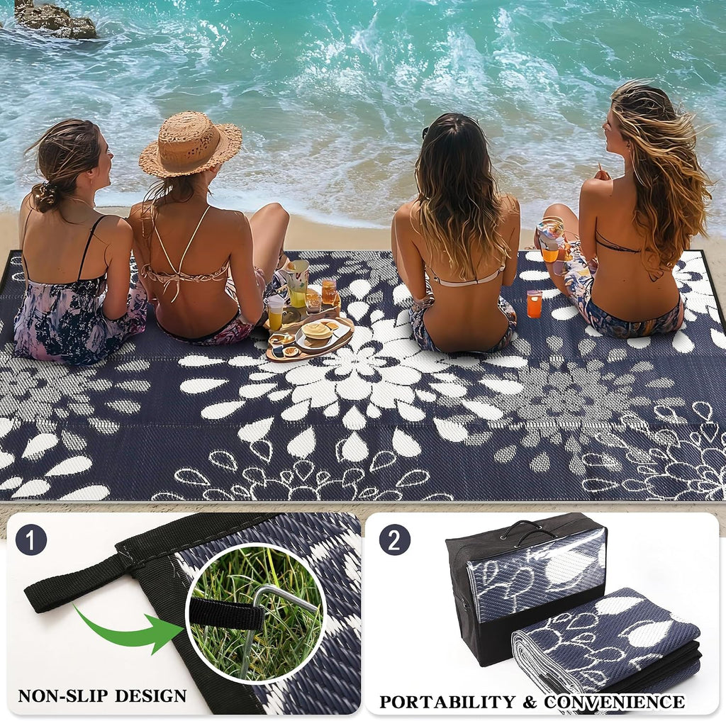 Outdoor Rug, Flower Blue & White