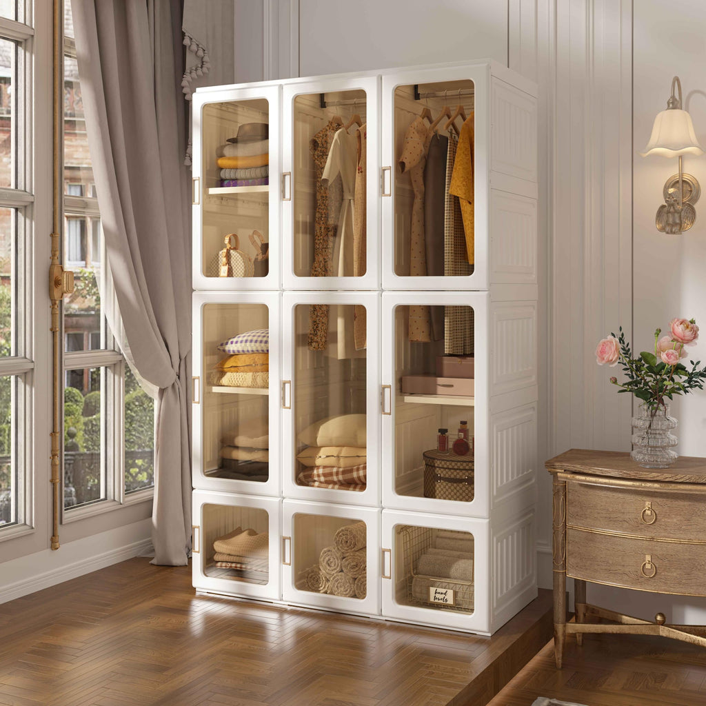 Portable Wardrobe Closet Storage Organizer for Clothes, Suitable, Plastic Wardrobe with Magnetic Transparent Door and