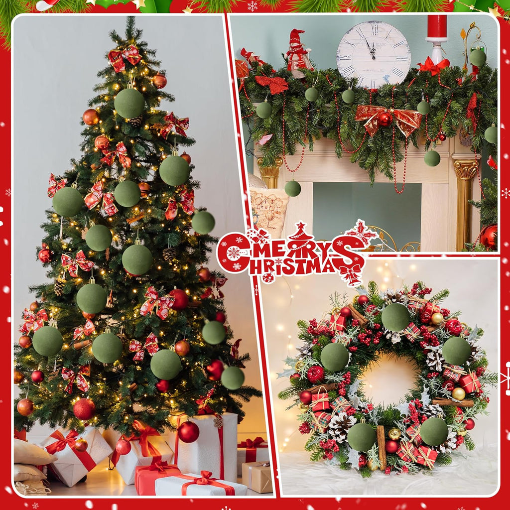 24 Pcs 3.15Inches Velvet Christmas Ball Ornaments, Shatterproof Green Flocked Bulbs Decorations Set, Retro Decorative