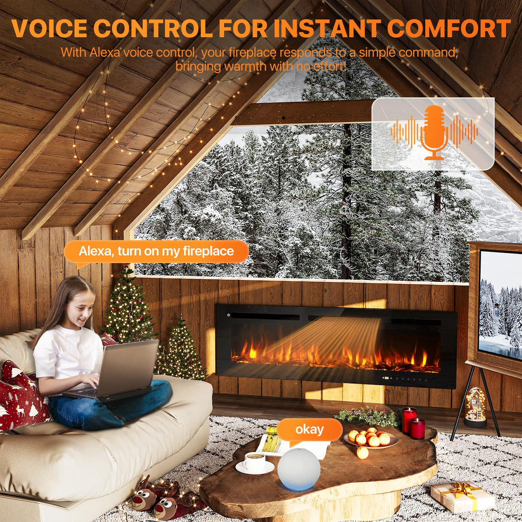 60" Smart Electric Fireplace Heater, Wide Recessed/Wall Mounted Electric Fireplace, Remote Control with Timer, 12