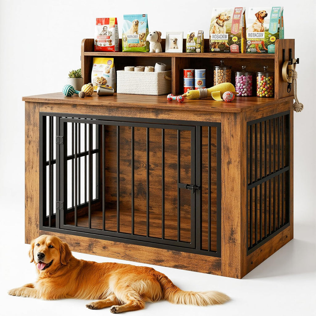 Extra Large Dog Crate Furniture, 43.3 inches Wooden Dog Crate with Storage and 4 Hooks