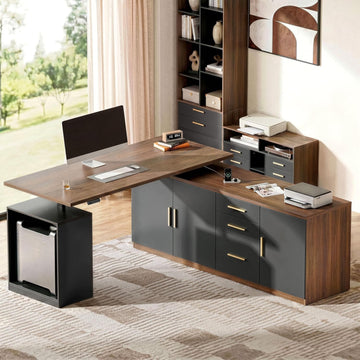 59" L Shaped Electric Standing Desk with Storage & Drawers | Adjustable Height Executive Standing Desk, One-Piece