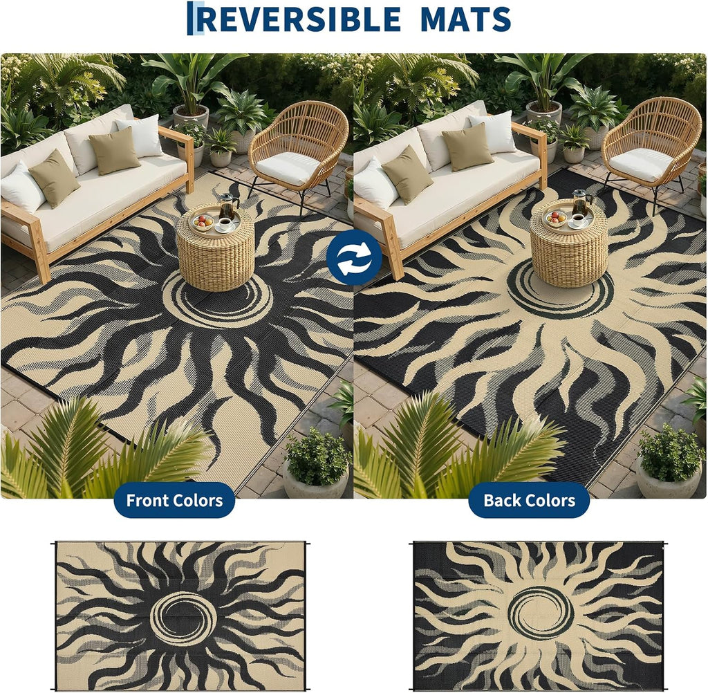 Outdoor Rug Waterproof Patio Rugs with Boho Sun Pattern, Reversible Plastic Straw Camping Rugs Outdoor Indoor RV