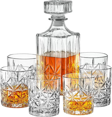Whiskey Decanter Set with Glasses - Prestigious Whiskey Set with 25oz Liquor Decanter and 6 Glasses - Upscale Whisky - Set of 7