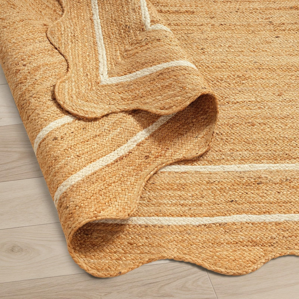 Jute Area Rug Natural Wave Scallop Ivory Border Handmade Rug