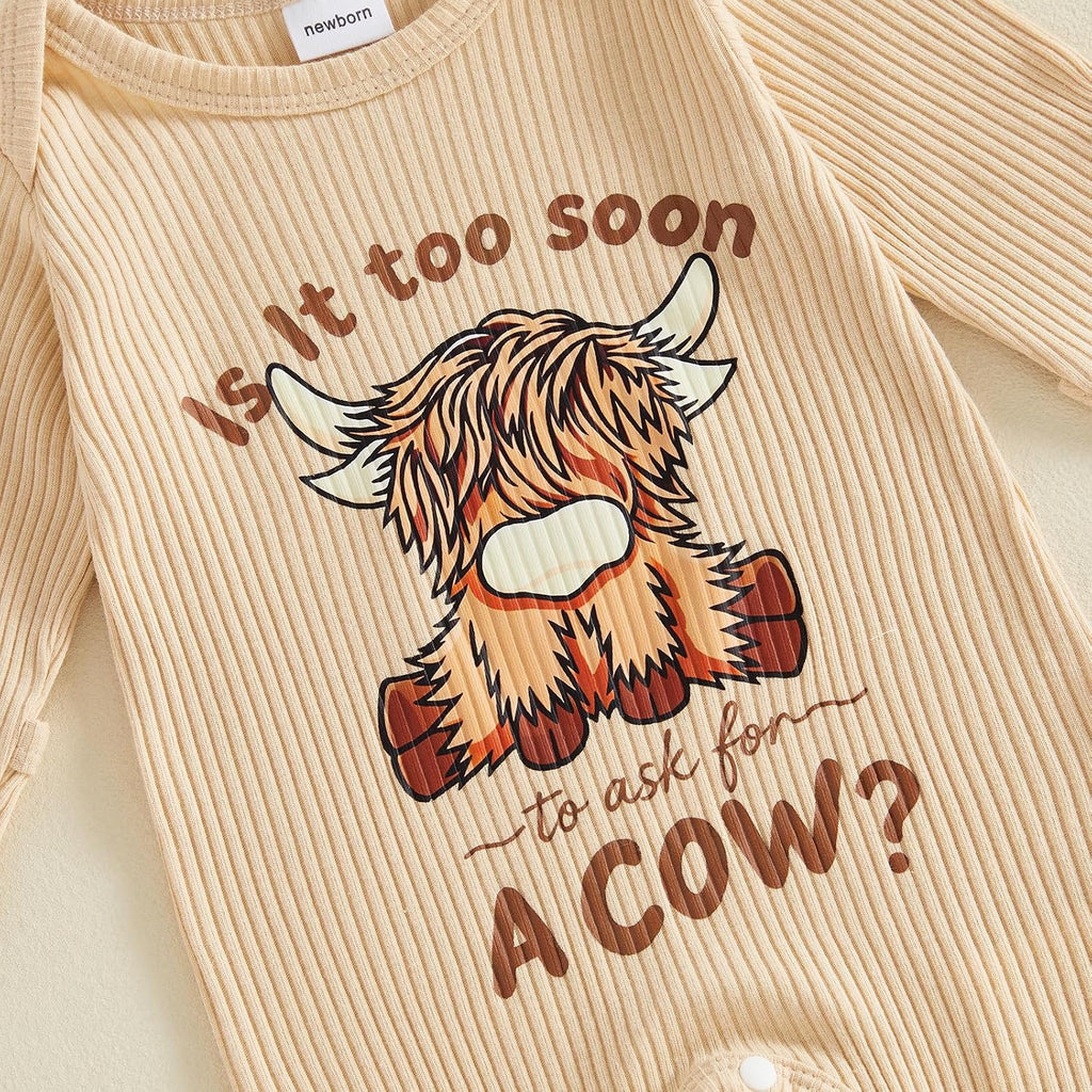 Newborn Highland Cow Romper Hat Set Ribbed Long Sleeve Baby Outfit