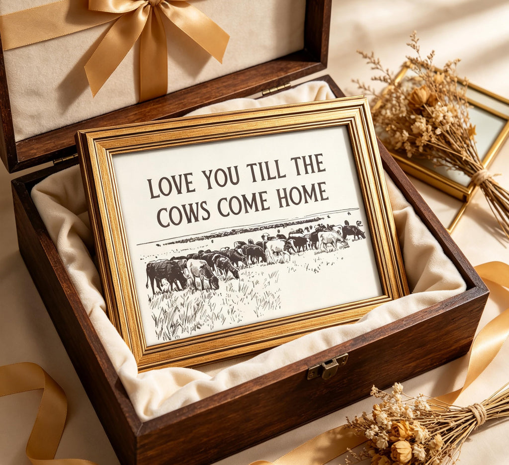 Vintage Gold Framed Cow Wall Art, Western Cowboy Country Landscape Painting Canvas Prints, Romantic Quotes Family