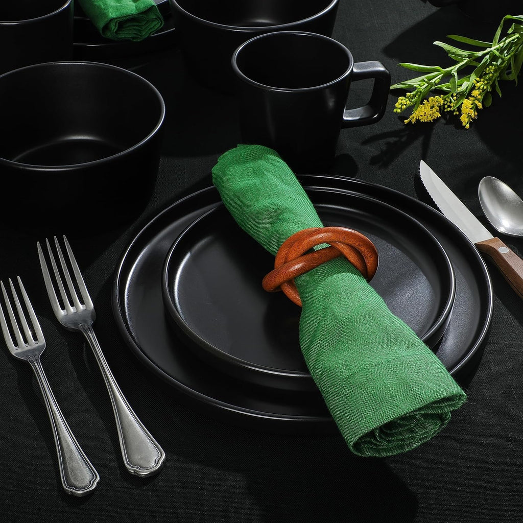 Bowery 32 Piece Matte Black Stoneware Dinnerware Plates, Bowls, and Mugs Set - Service for 8