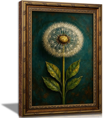 Vintage Gold Framed Dandelion Canvas Wall Art, Teal Background Botanical Oil Painting Print, Retro Moody Botanical