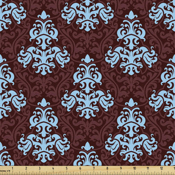 Brown and Blue Fabric by The Yard, Victorian Antique Foliage Motifs with Baroque Curlicues Renaissance Pattern