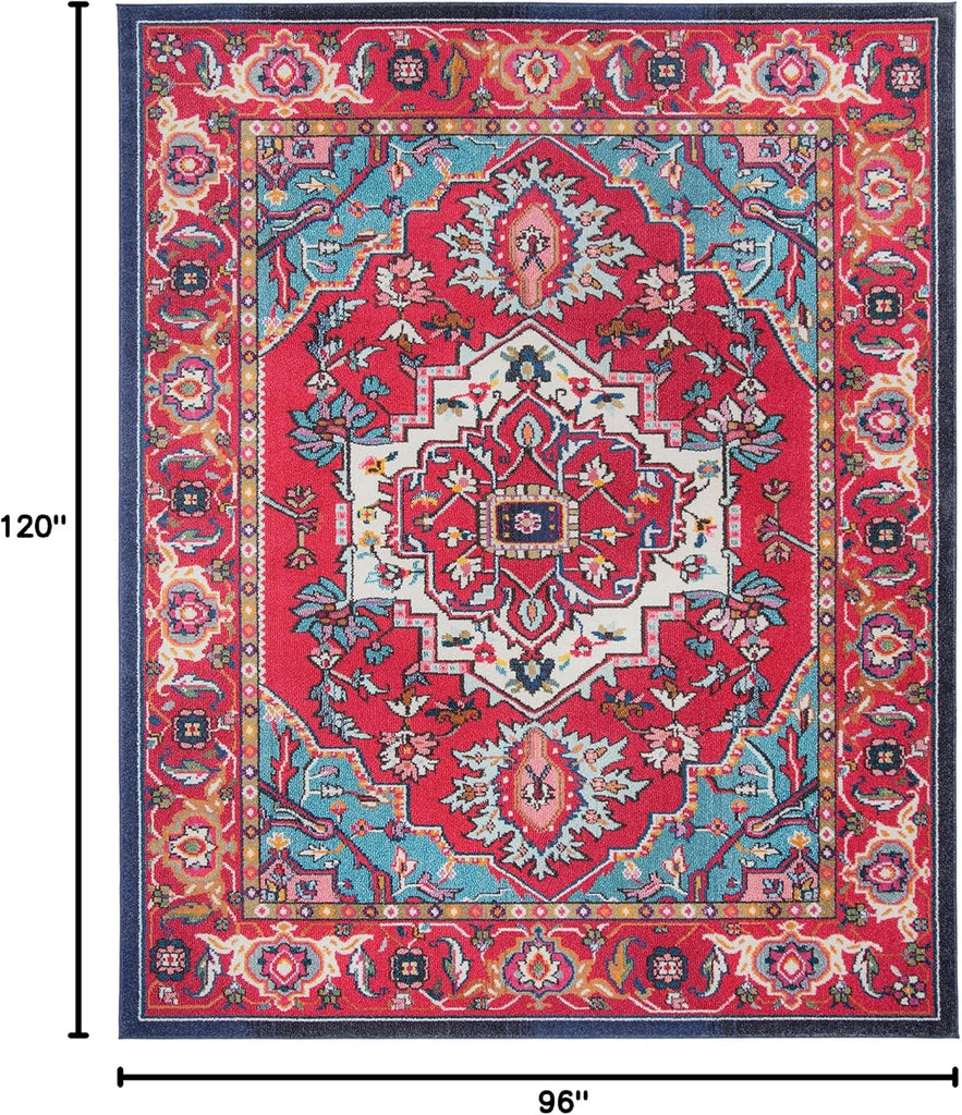 Monaco Collection Area Rug, Red & Turquoise, Boho Oriental Medallion Design, Non-Shedding & Easy Care